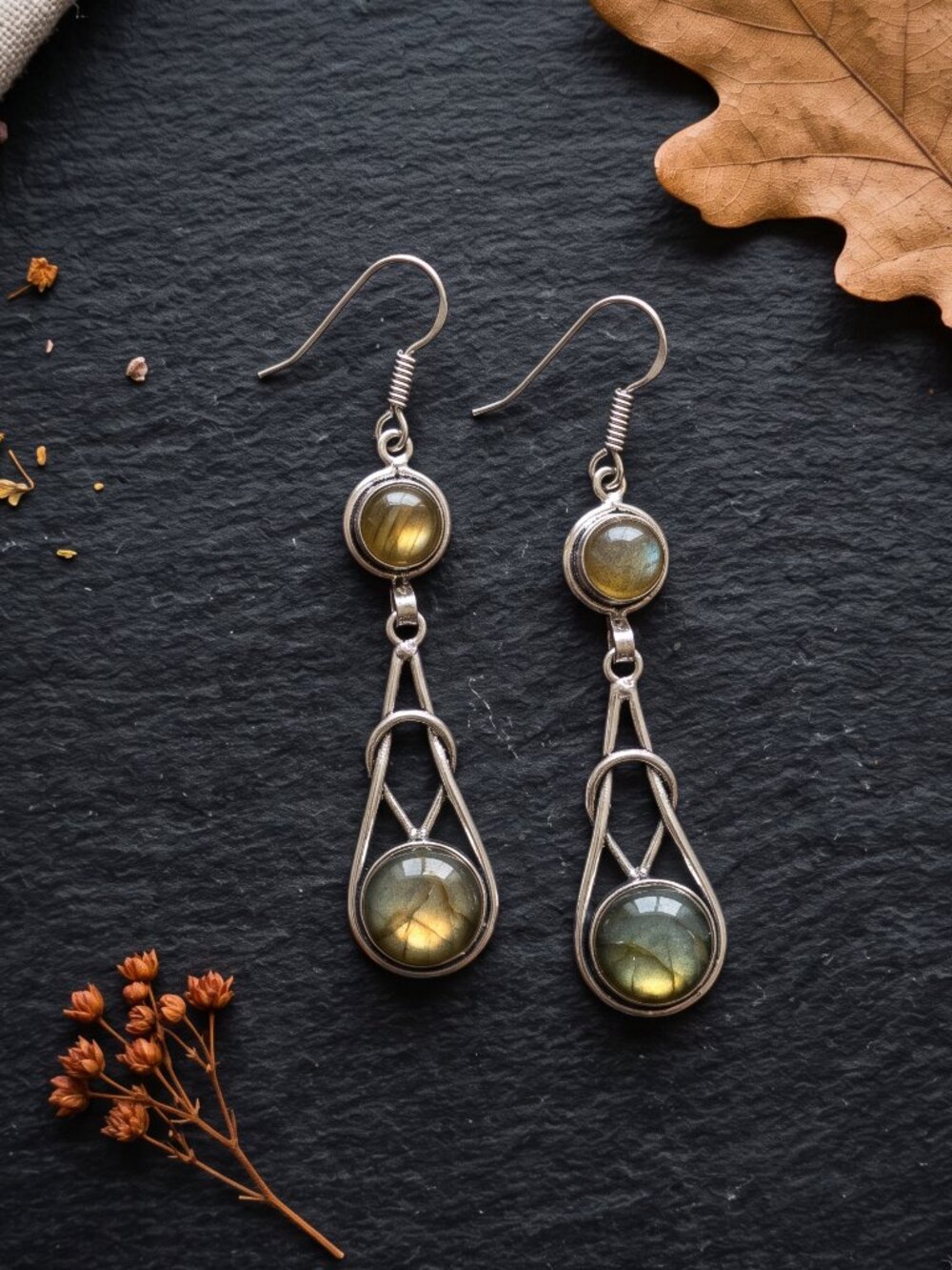 Labradorite Knot Teardrop Earrings Artisan 925 Sterling Silver Heirloom 2.8"